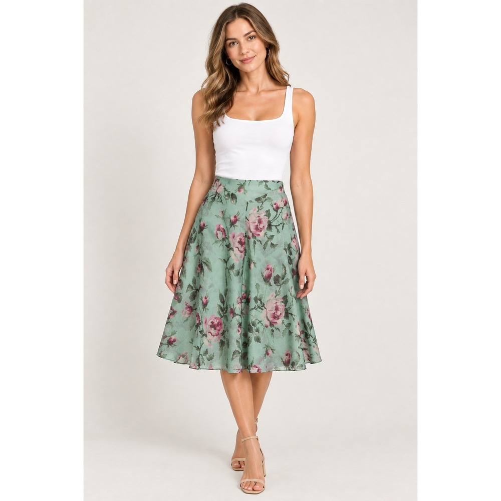 BANANA REPUBLIC 100% Silk Rose Floral Chiffon A-Line Vtg Y2K Skirt Green Sz 0